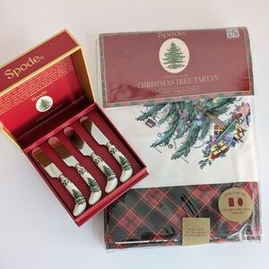 BUNDLE Spode Christmas Tree Tartan 60x102 Tablecloth Seats 8-10 & Spreader Set